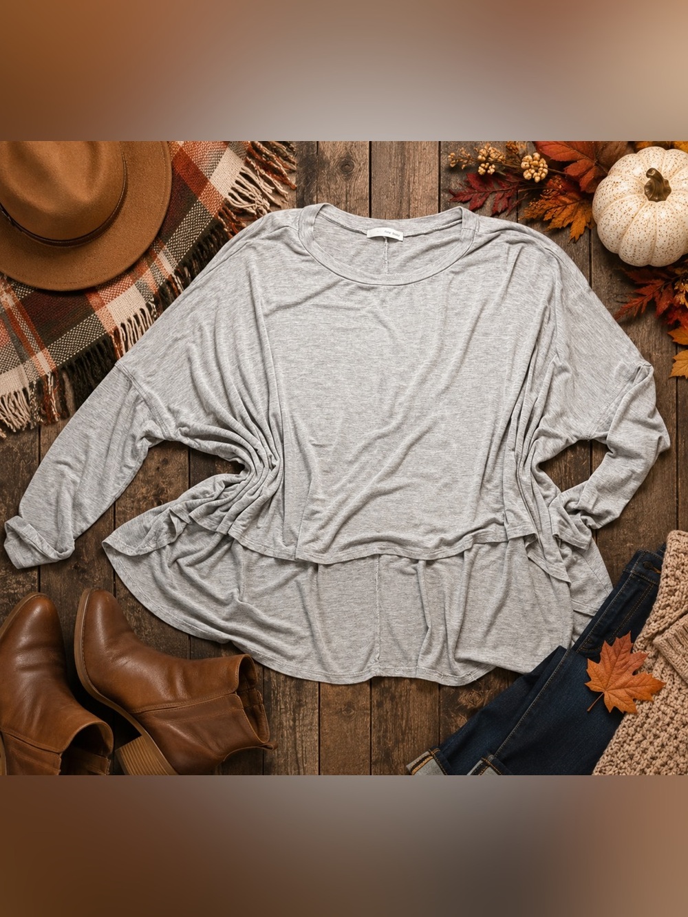 Dear Apple Gray Oversized Layered High Low Long Sleeve Top Womenโs Large